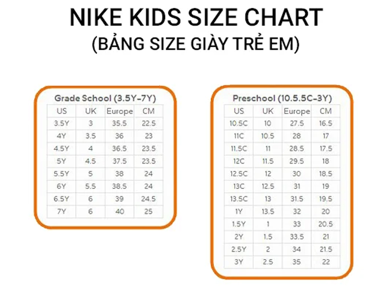 Chọn size giày Nike theo bảng size dành cho trẻ em